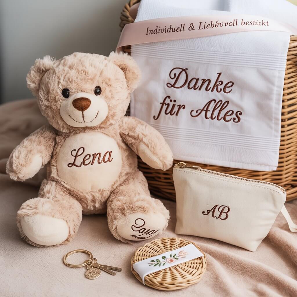 Gestickte Geschenkideen, Plüschtier, Tasche, Stickerei,