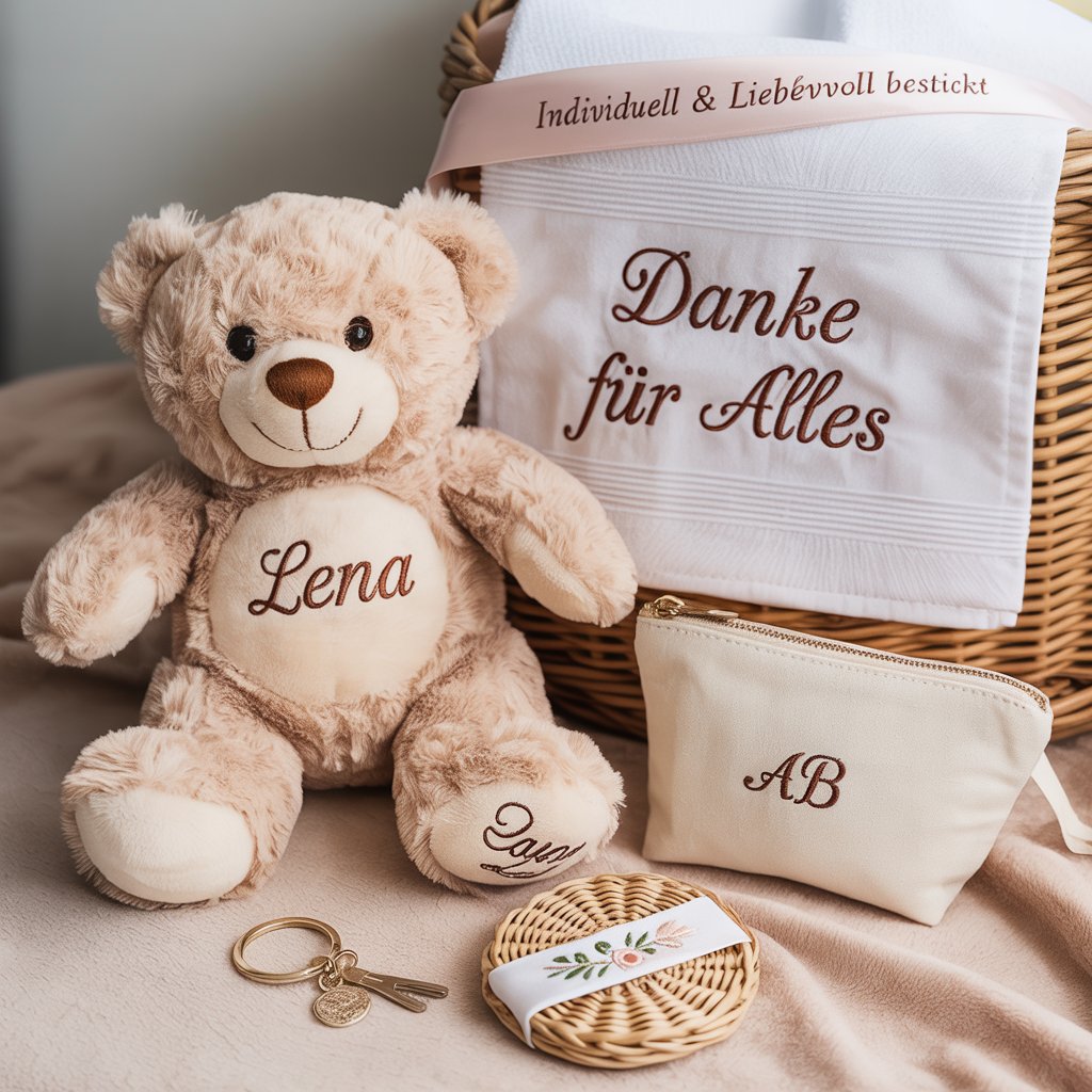Gestickte Geschenkideen, Plüschtier, Tasche, Stickerei,